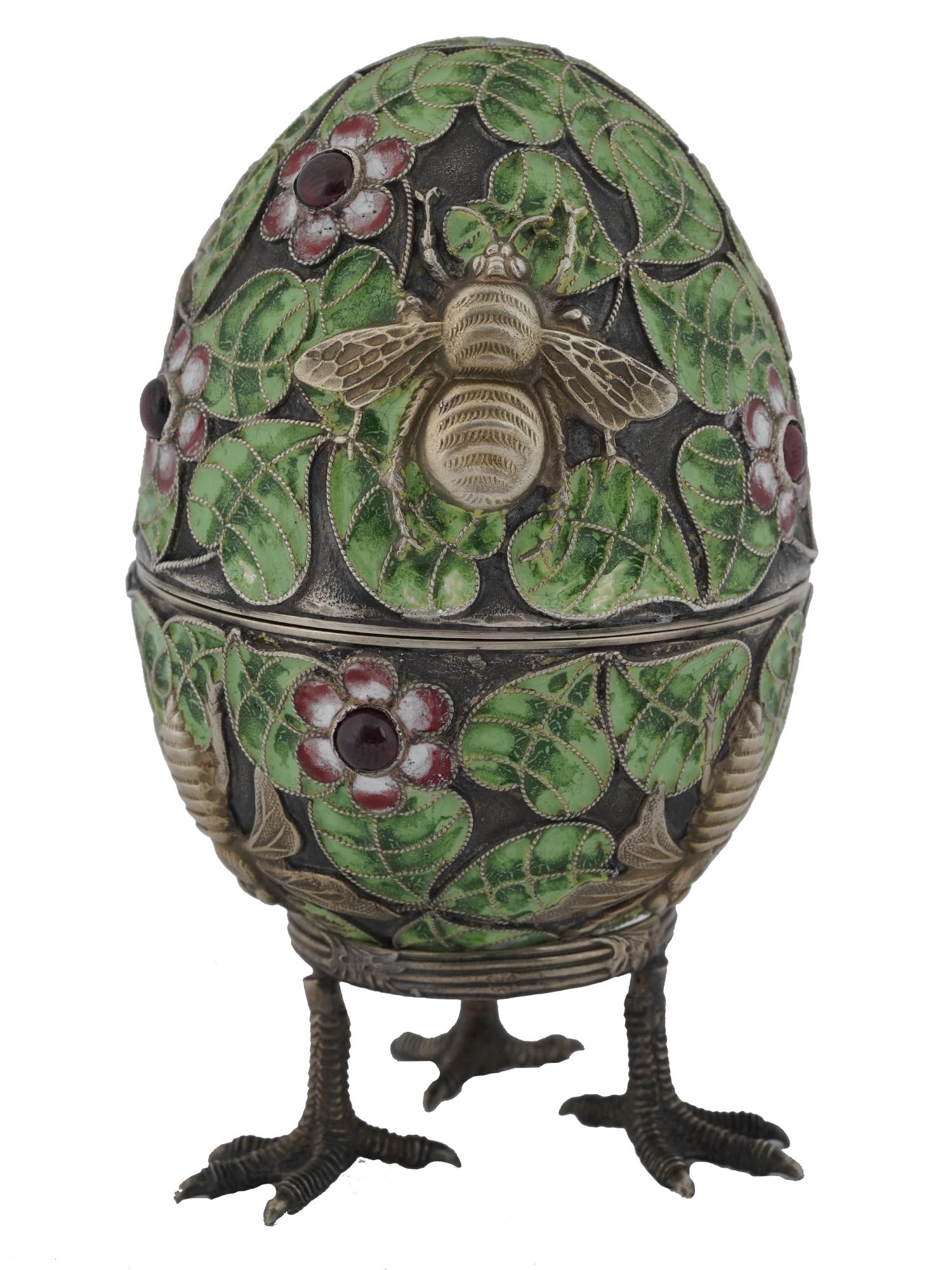 RUSSIAN BEES GILT SILVER ENAMEL EGG BOX W STAND PIC-2